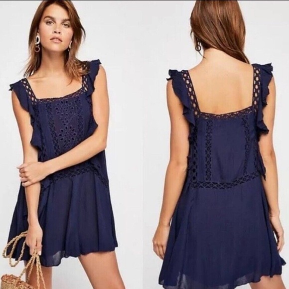 Free People Priscilla Navy Crochet Mini Dress sz S - Picture 2 of 10
